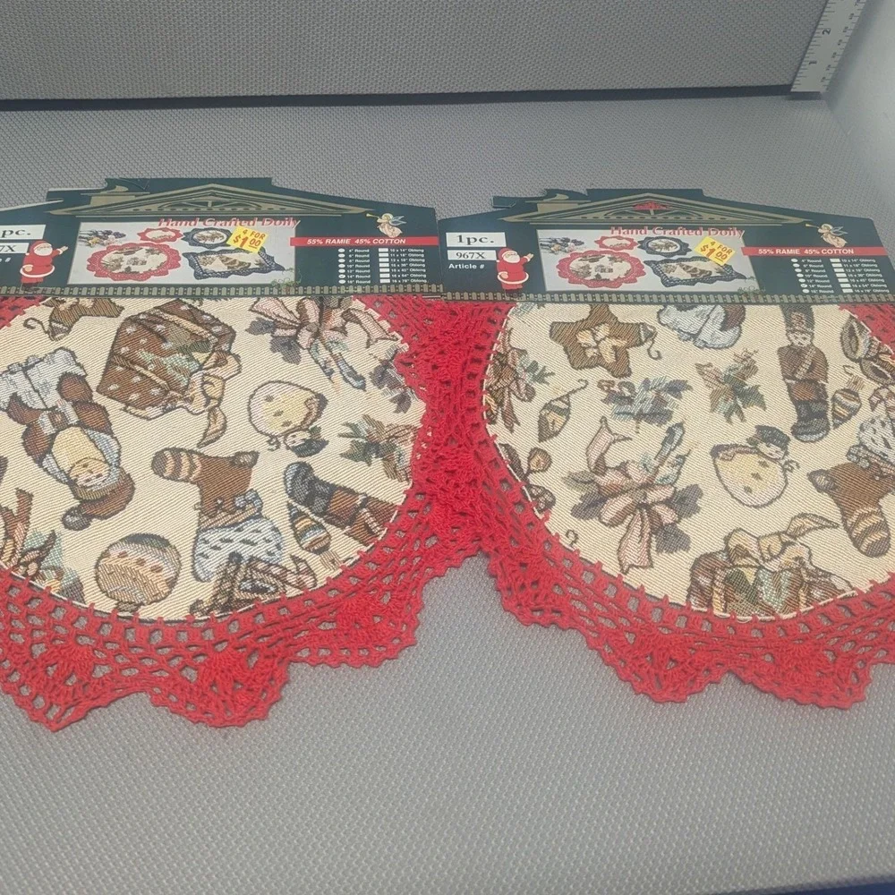 Set of 2 Vintage Christmas Tapestry Doilies Red Crochet Lace 14